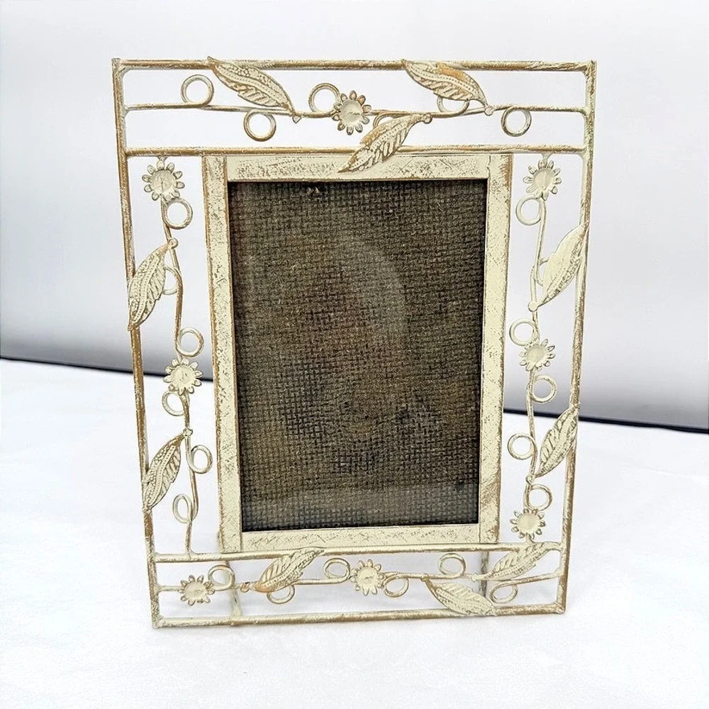 Metal Picture Frame Shabby Chic Floral Distressed Cream Feminine Cottage Decor